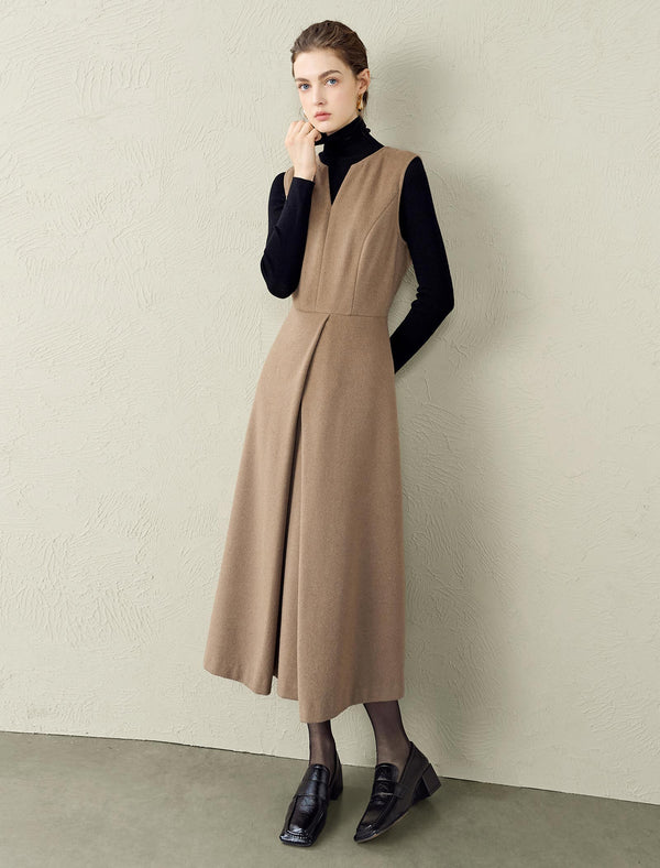 Camel Wool-Blend Sleeveless Midi Dress