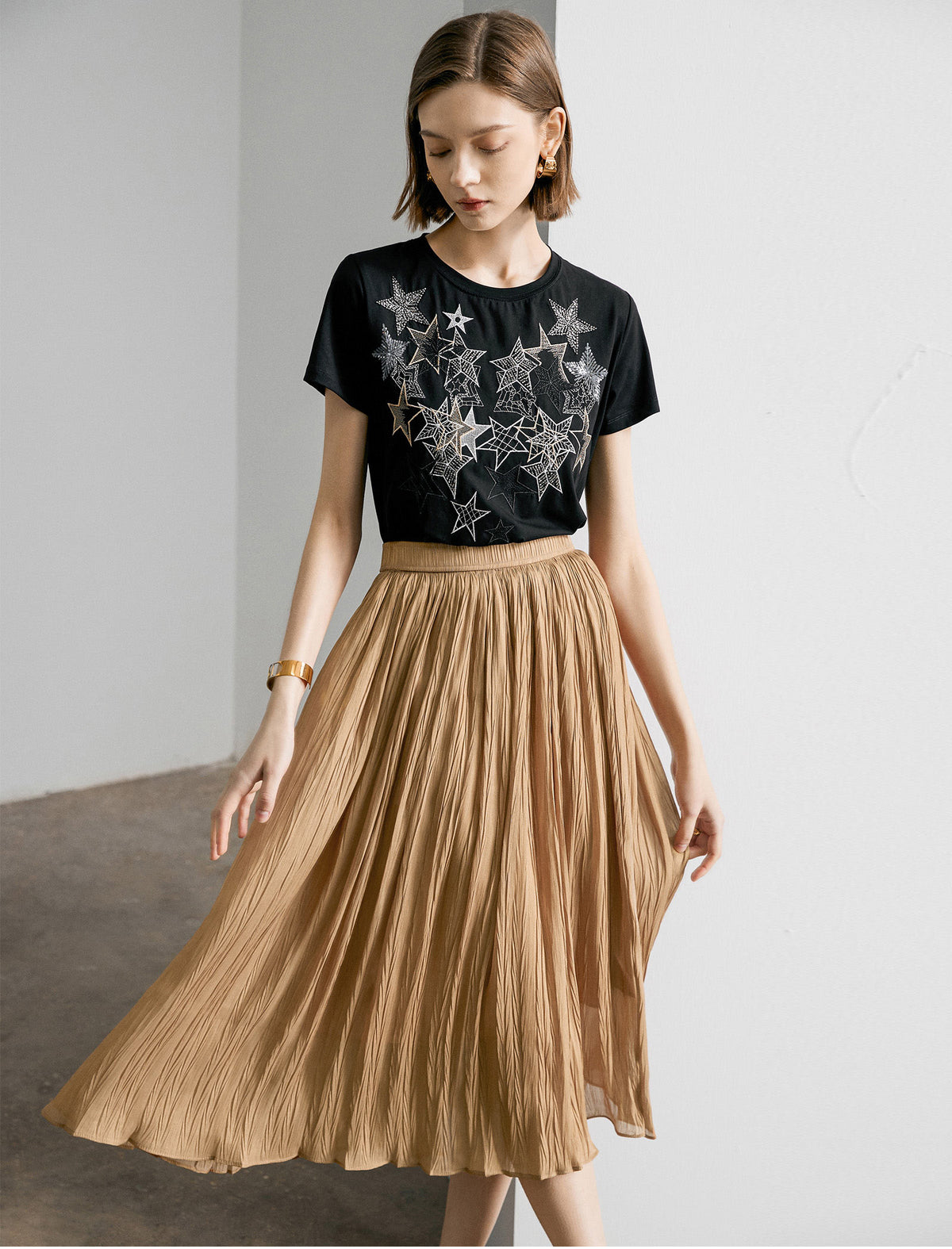 Crinkled Metallic Midi Skirt