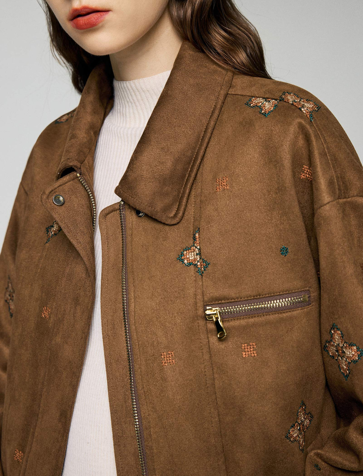 Embroidered Floral Collared Pocket Cropped Jacket