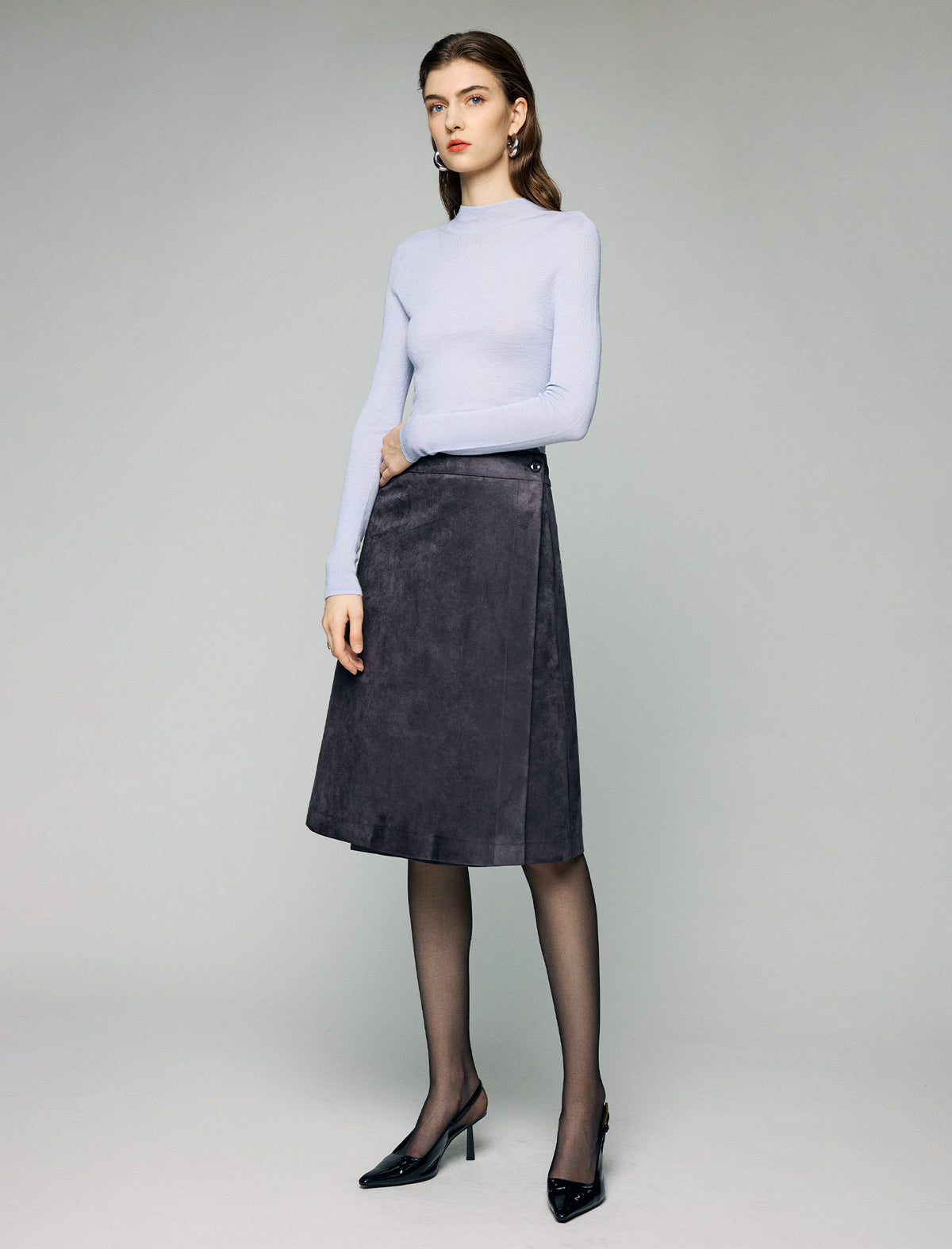 Wrap-Front Button High-Waist A-Line Midi Skirt