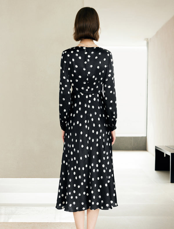 Black Polka Dot Long Sleeve Midi Dress