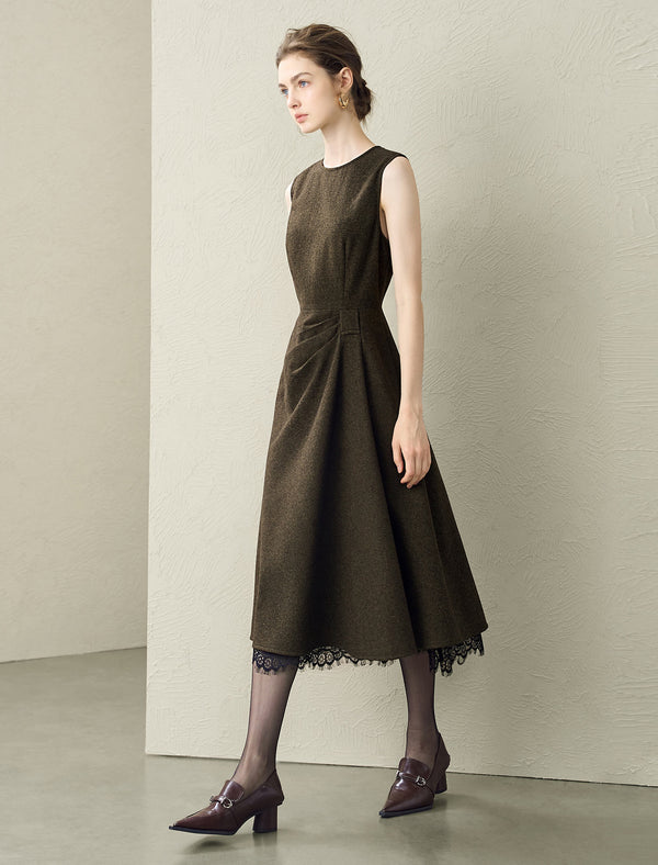 Wool Blend Lace Hem Sleeveless Midi Dress