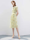 Floral Chiffon Waist-Cinched Pleated Dress