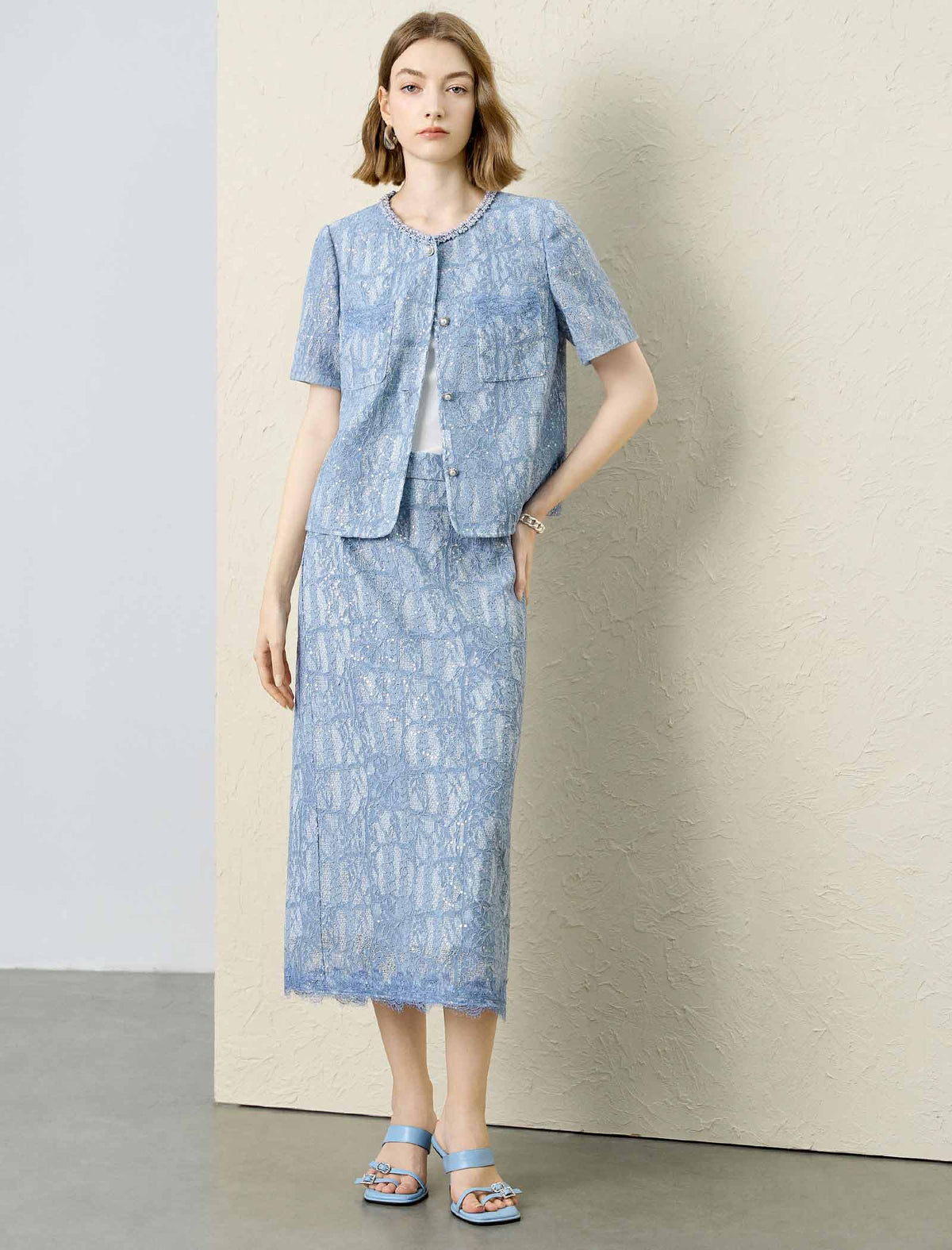 Light Blue Sequin Lace Midi Skirt
