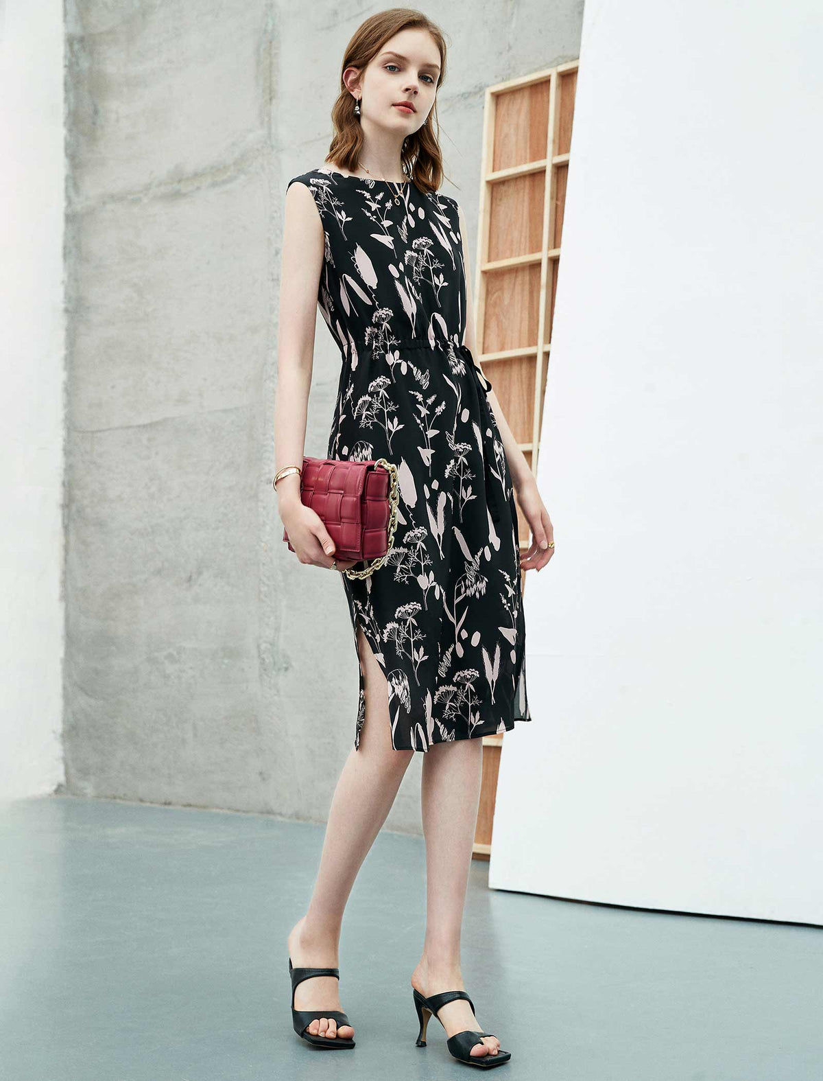 100% Mulberry Silk Black Botanical Sleeveless Midi Dress