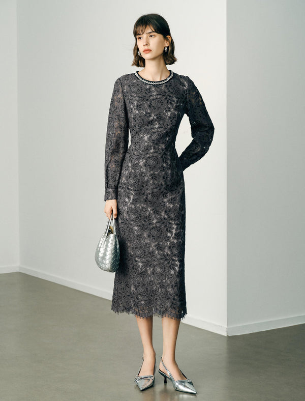 Lace Beaded Neckline Midi Dress