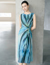 Watercolor Blue Twist Waist Sleeveless Midi Dress