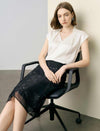 Black Sequin Floral Embroidery Mesh Midi Pencil Skirt