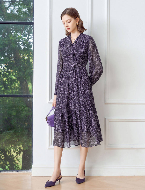 Purple Floral Tie-Neck Midi Dress