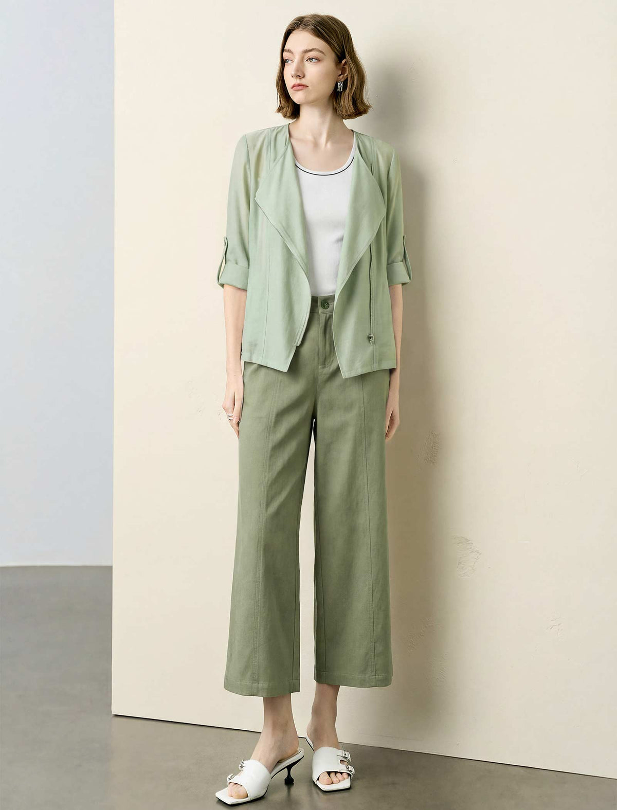 Light Sage Roll Tab Sleeve Open Front Moto Jacket