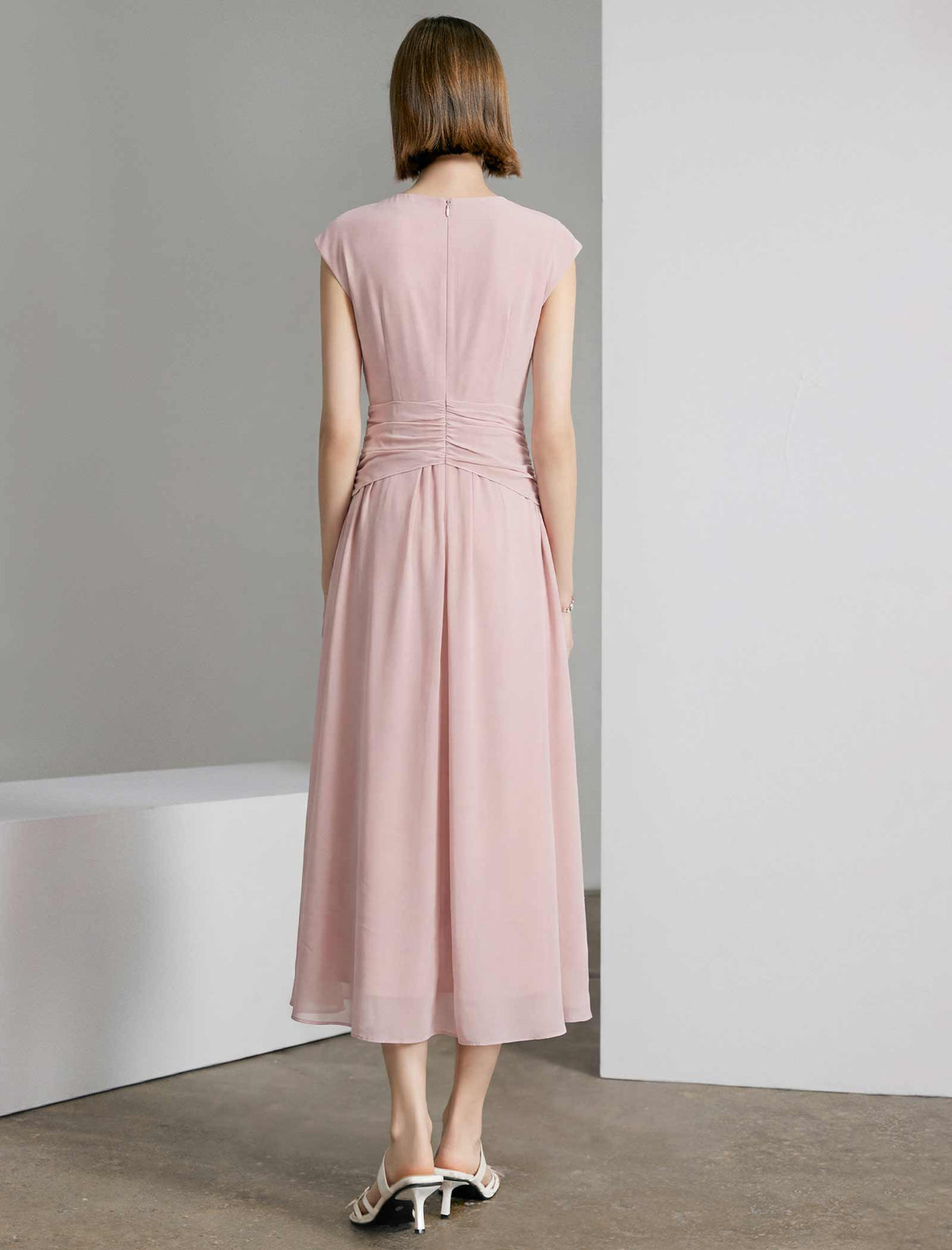 Dusty Pink Ruched Waist Midi Dress