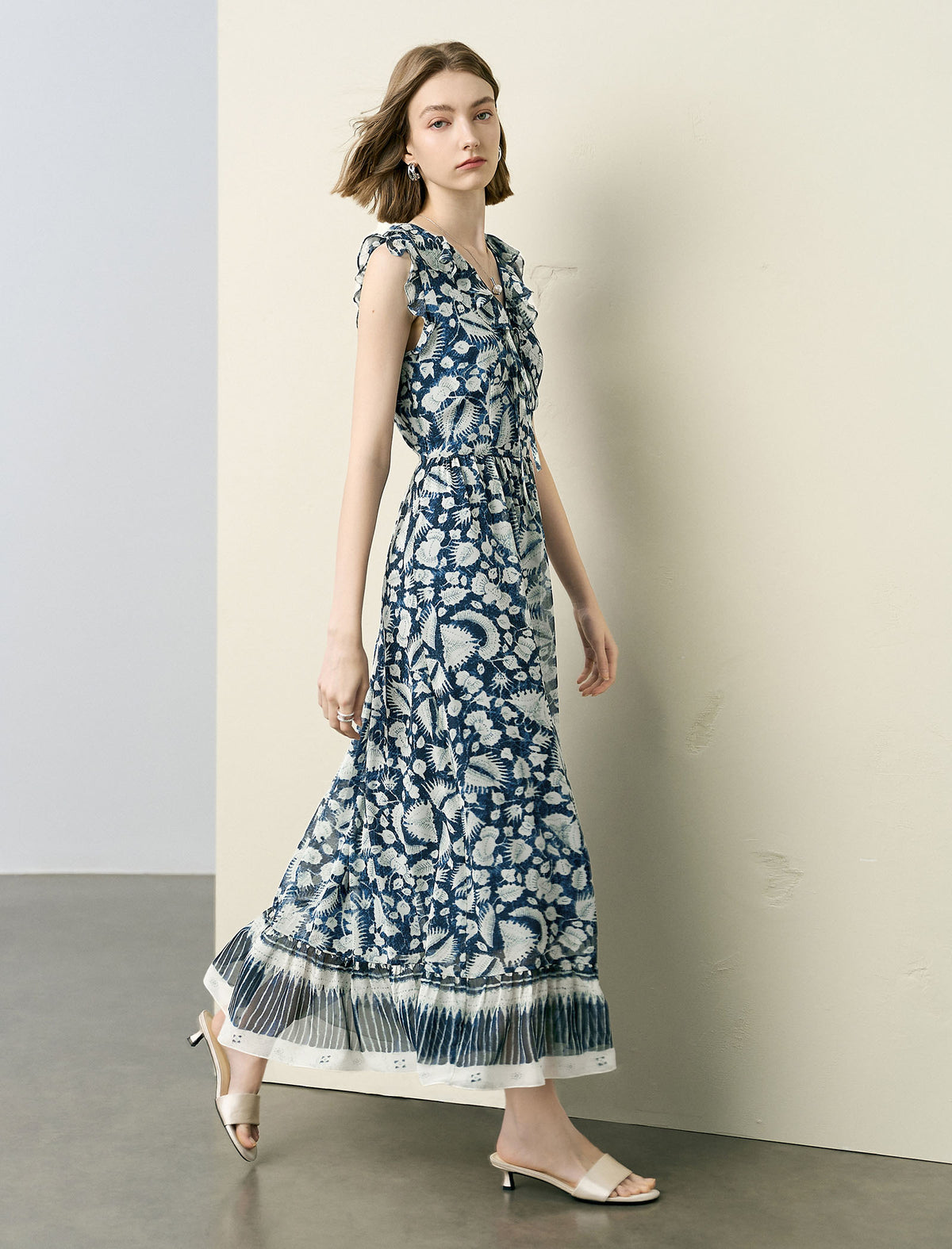 Tie-Dye Floral Ruffle V-Neck Maxi Dress