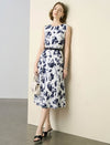 Black Ink Floral Sleeveless Belted Midi Dress