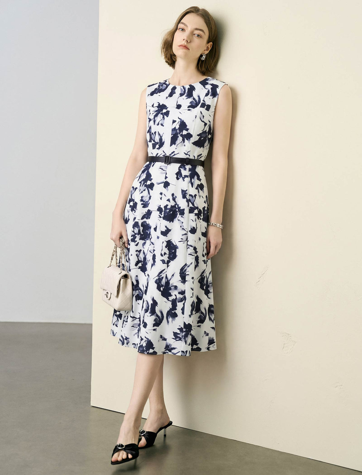 Black Ink Floral Sleeveless Belted Midi Dress