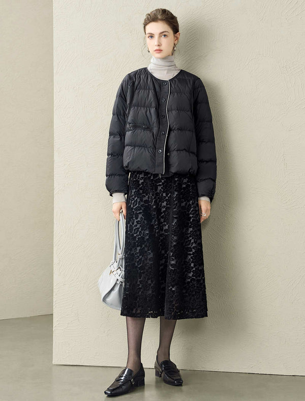 Quilted Contrast Detail Round Neck Down Jacket