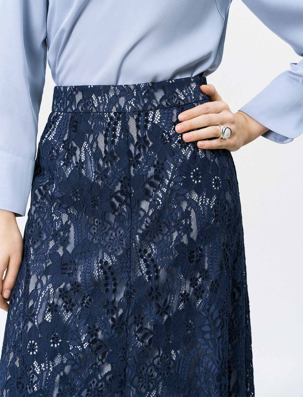 Navy Blue Floral Lace Midi Skirt