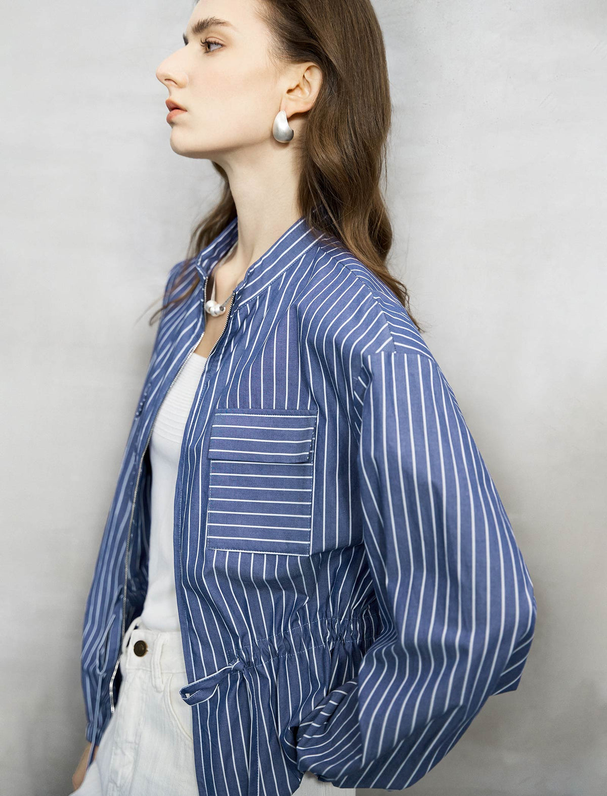 Navy And White Stripe Zip-Front Cinched Blouse