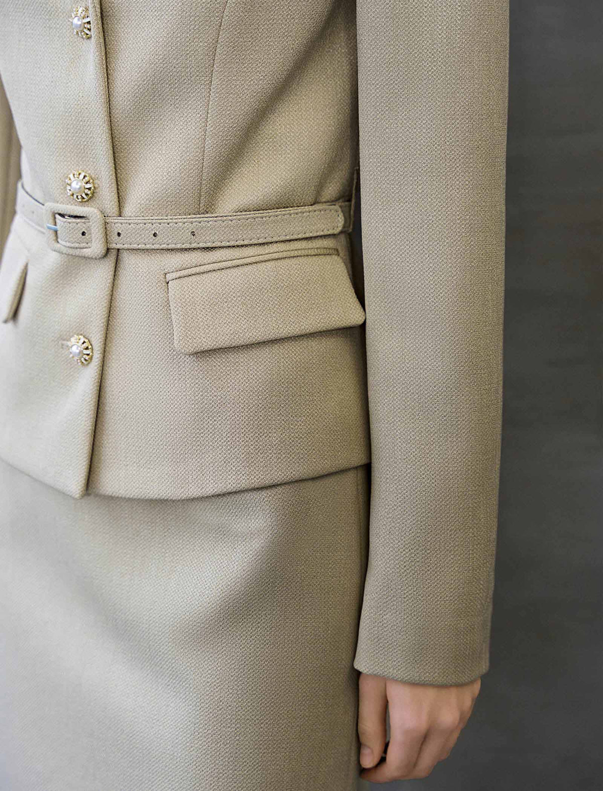 Champagne Textured Belted Blazer