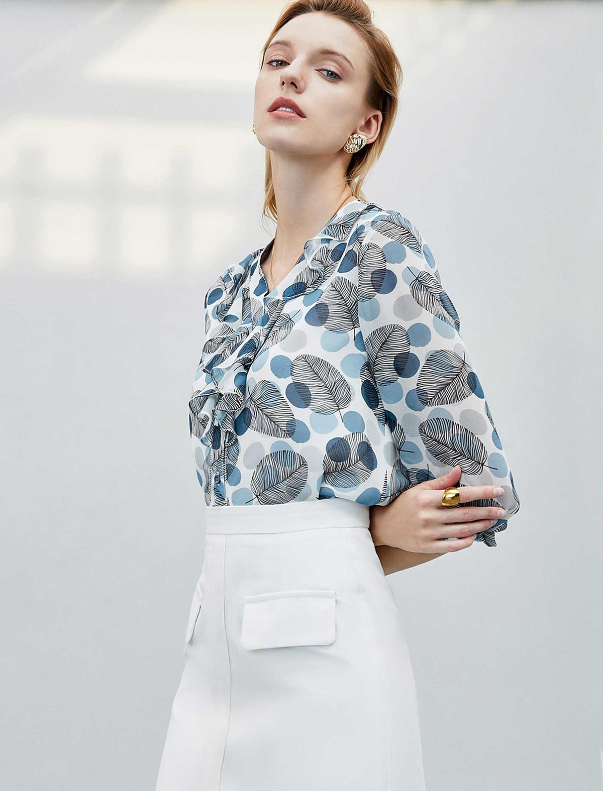 Leaf Print Ruffle Front Blouse