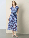 Blue Floral Print V-Neck Midi Dress