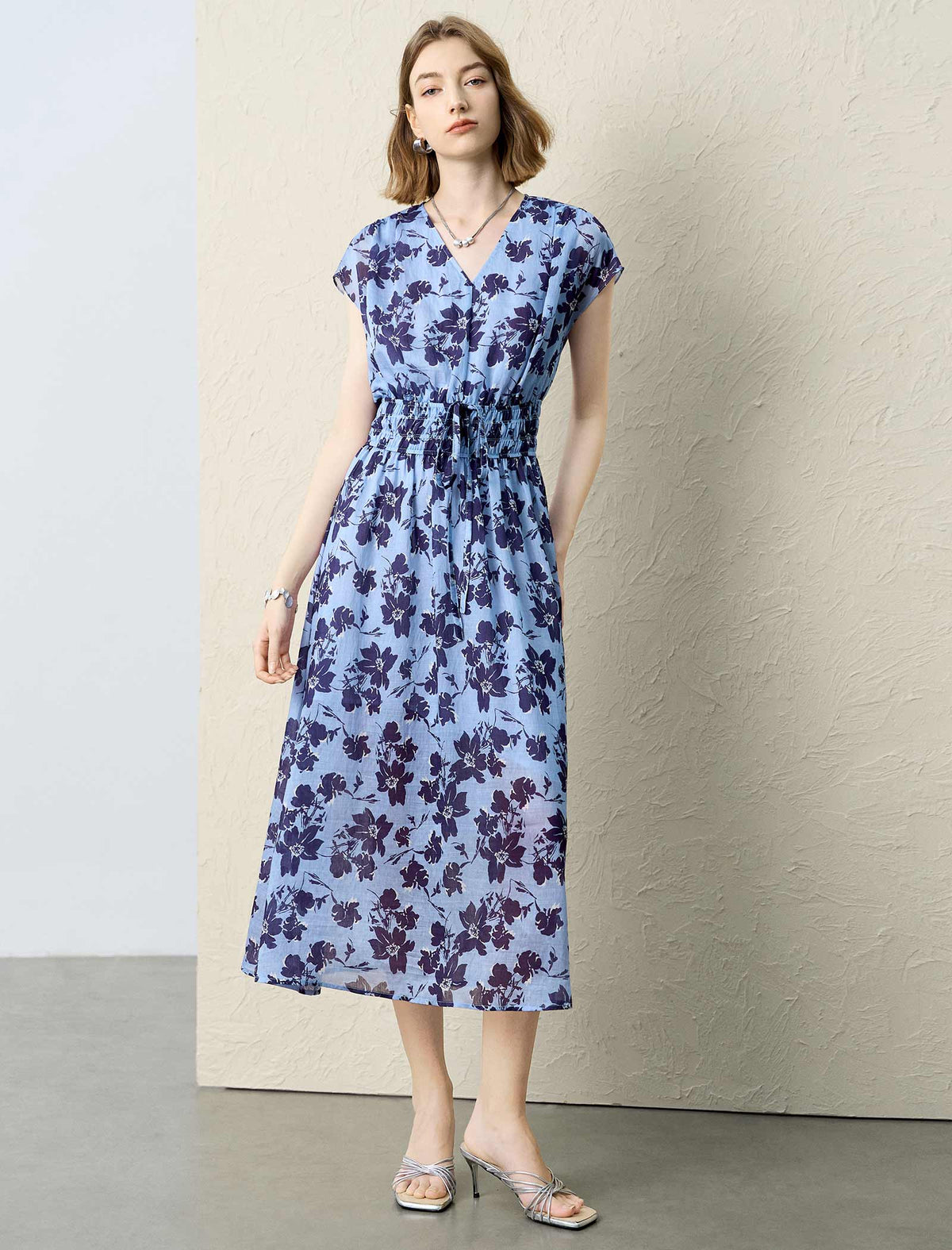 Blue Floral Print V-Neck Midi Dress