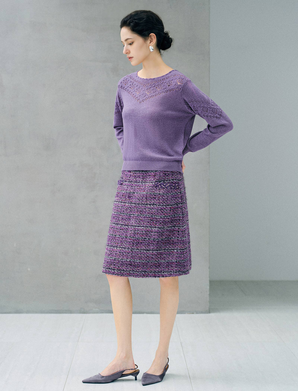 Wool Blend Textured High Waist H Line Braided Trim Midi Skirt
