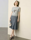 Grey Mini Bow Embroidery A-Line Midi Skirt