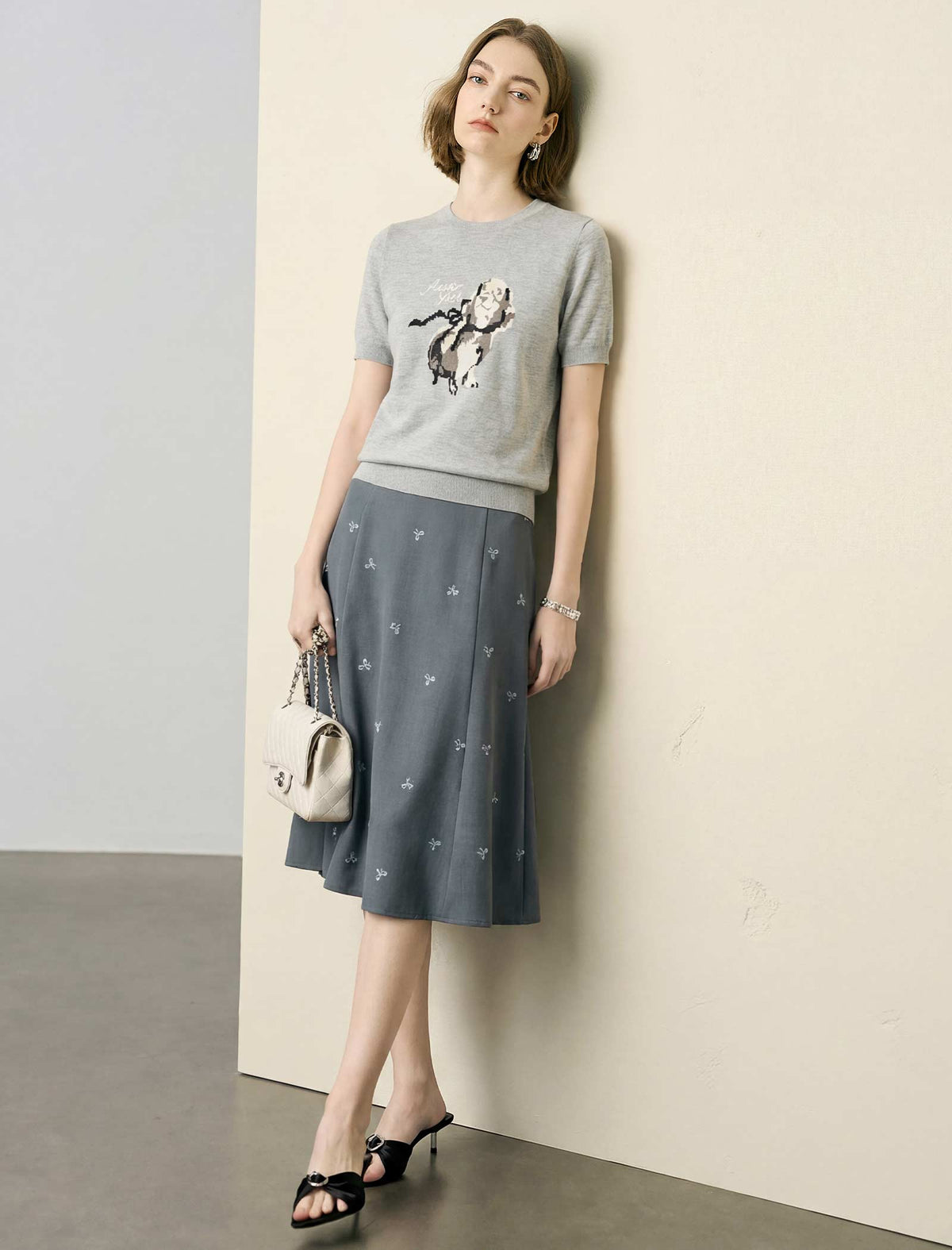 Grey Mini Bow Embroidery A-Line Midi Skirt
