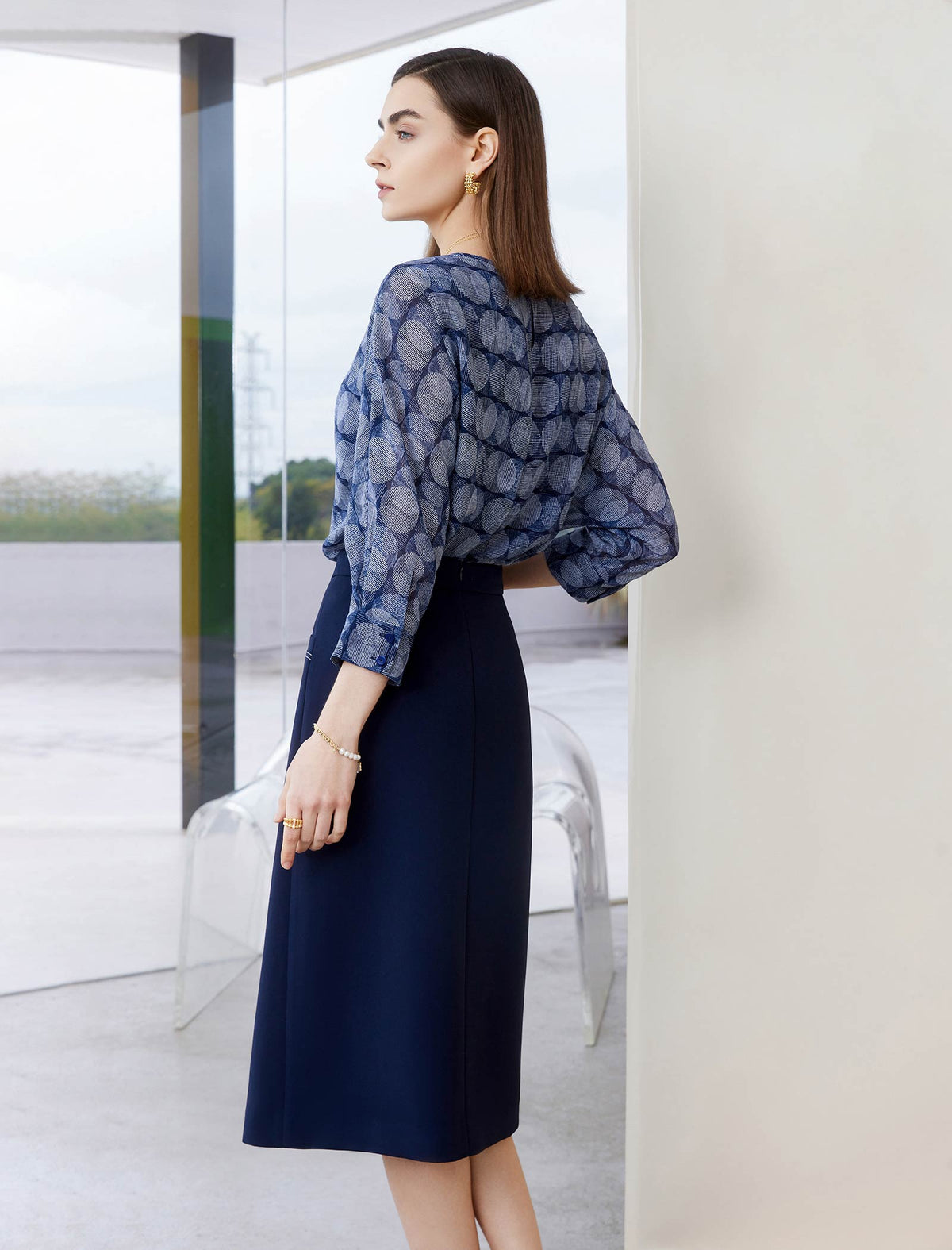 Navy Blue Side Slit Midi Pencil Skirt