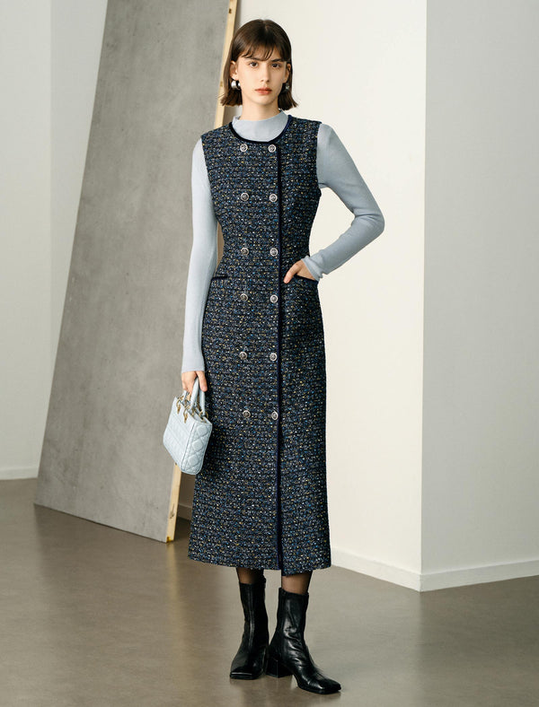 Waist-Defining Round Neck Sleeveless Midi Dress