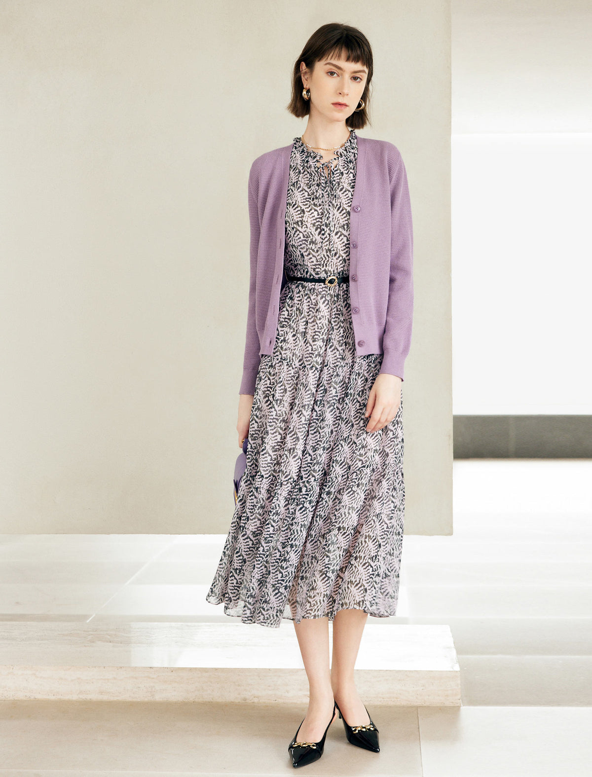 Purple Minimalist V-Neck Long-Sleeve Knit Cardigan