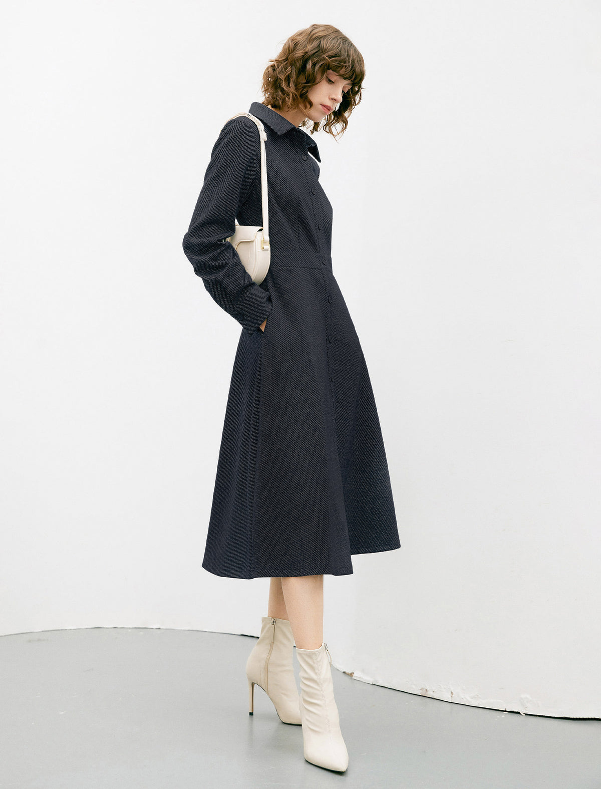 Solid Long Sleeve Pocket A-Line Dress