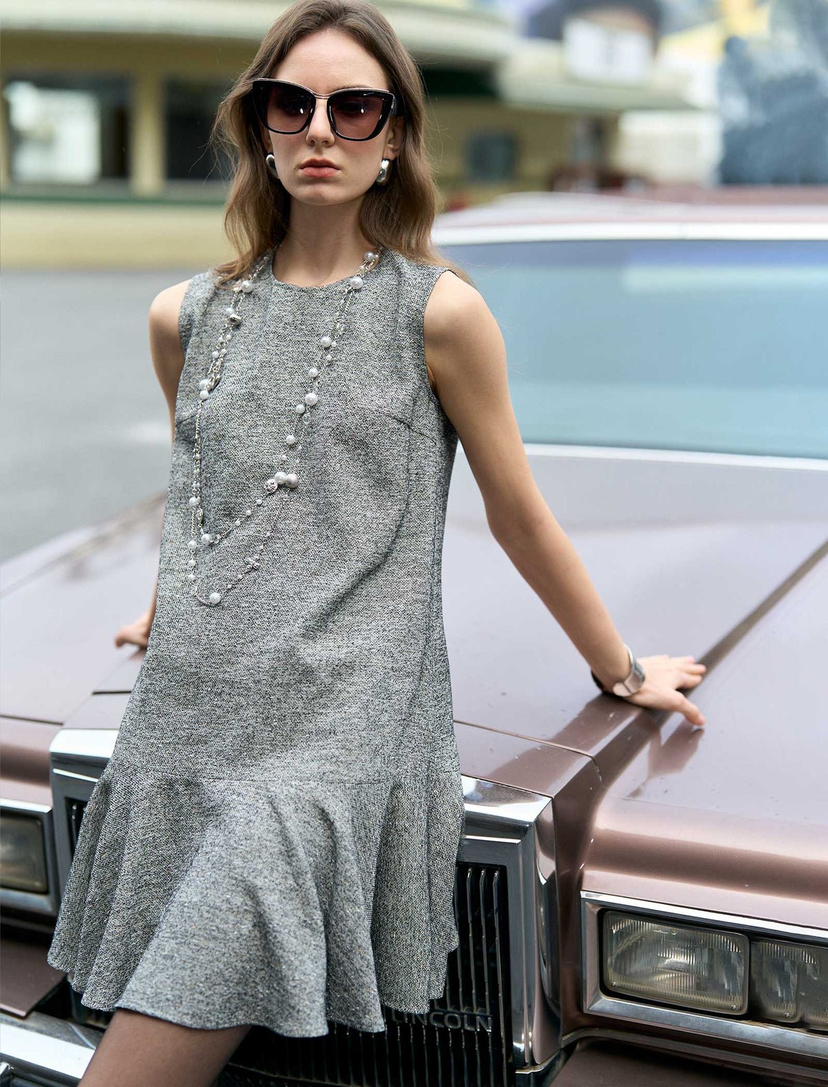 Heathered Mixed-Yarn Sleeveless Ruffle-Hem Dress