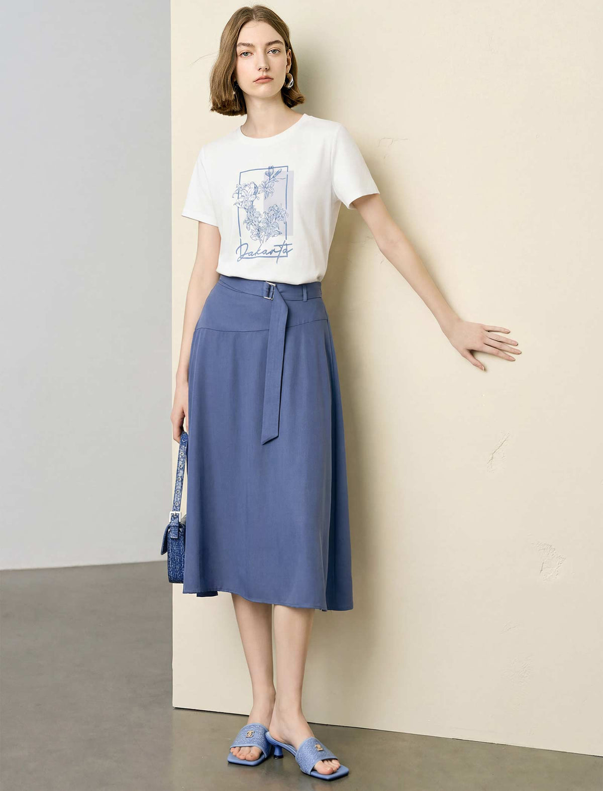 High-Waisted Belted Lyocell A-Line Midi Skirt