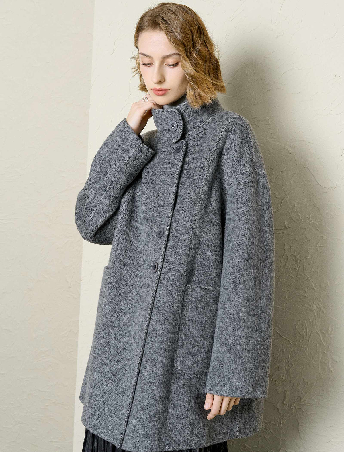 Wool-Alpaca Blend Stand Collar Textured Coat