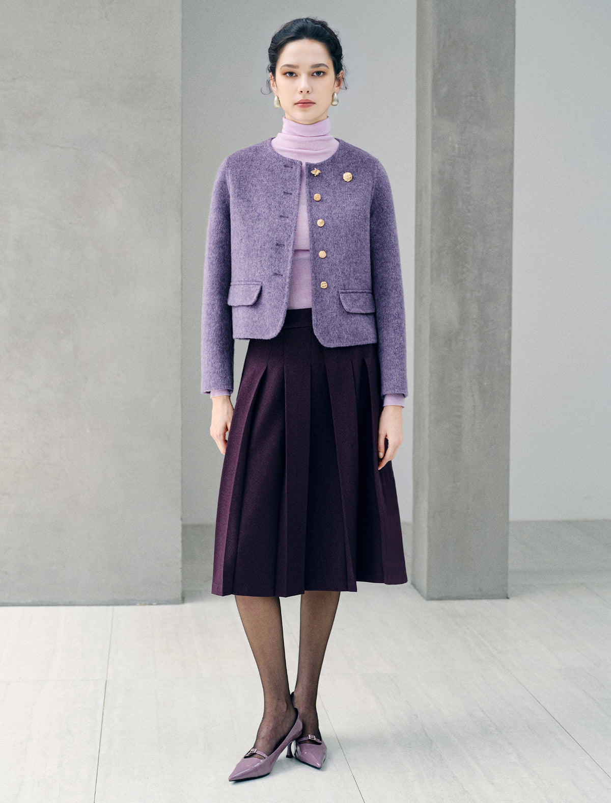 Wool Blend Round Neck Metal Button Cropped Jacket