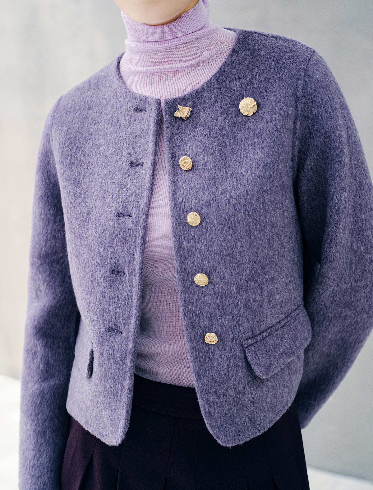 Wool Blend Round Neck Metal Button Cropped Jacket