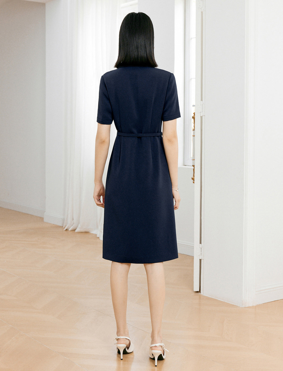Vintage Collar Zipper Front Short Sleeve Knee Length Dress