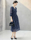 Floral Print V-Neck Long Sleeve Midi Dress