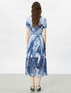 Blue Tie-Dye Pleated Midi Dress