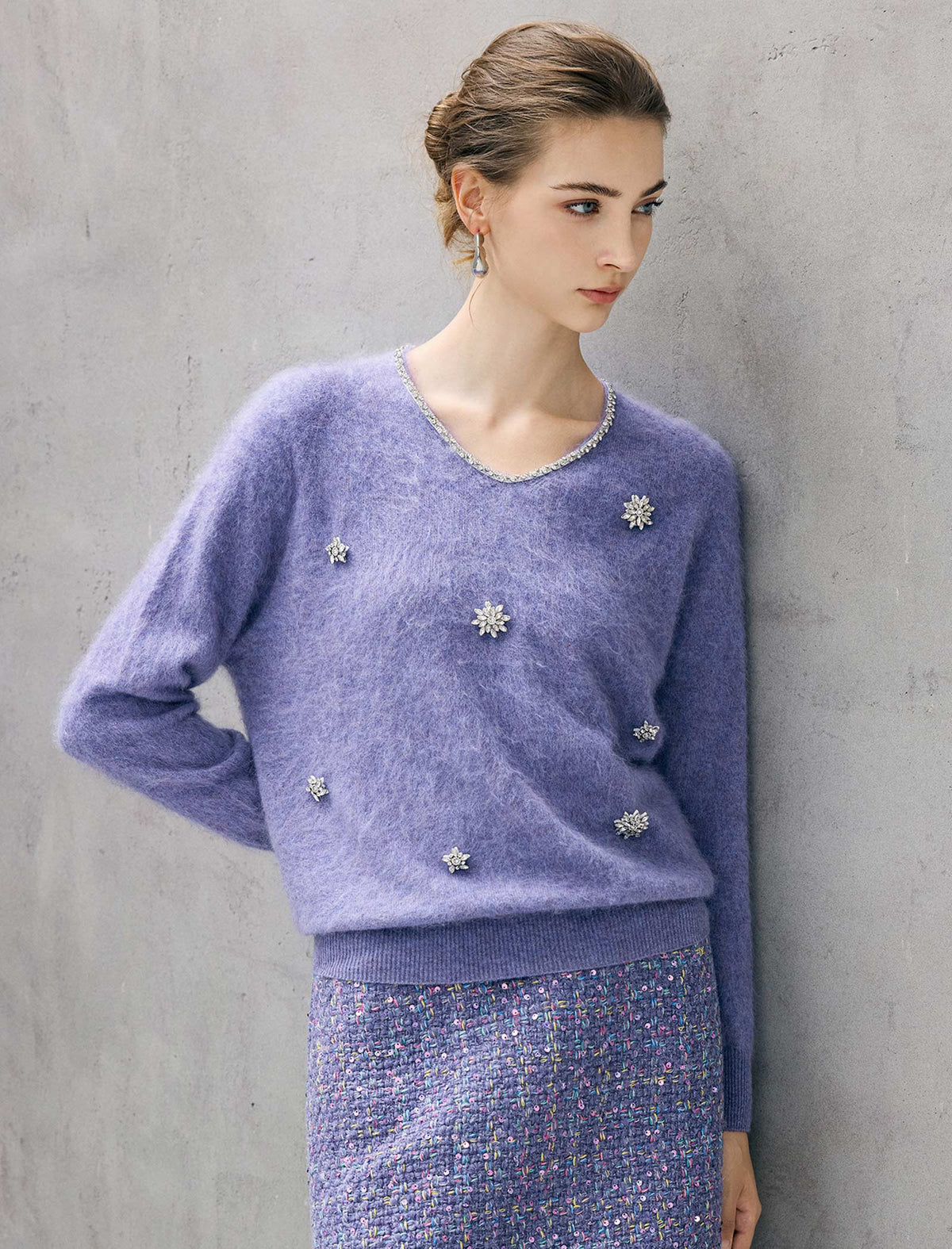 Wool and Mulberry Silk Blend Beaded V-Neck Sweater
