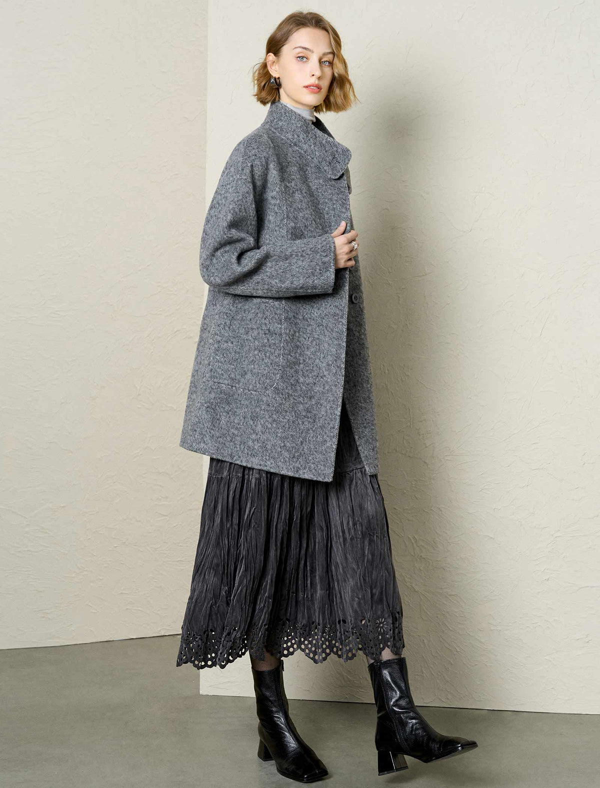 Wool-Alpaca Blend Stand Collar Textured Coat