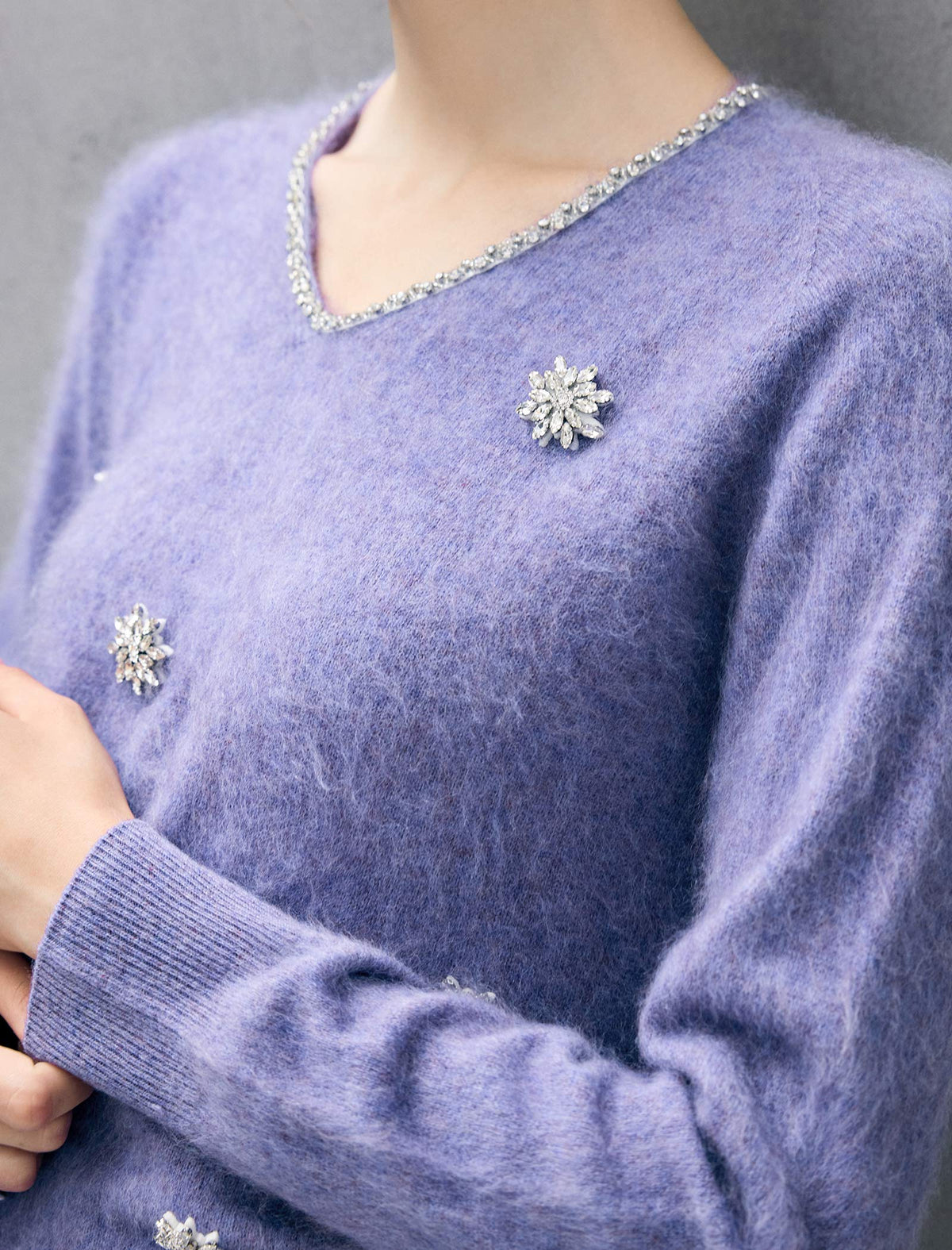 Wool and Mulberry Silk Blend Beaded V-Neck Sweater