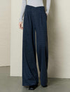 Navy Plaid Wool-Blend High Waist Wide Leg Pants