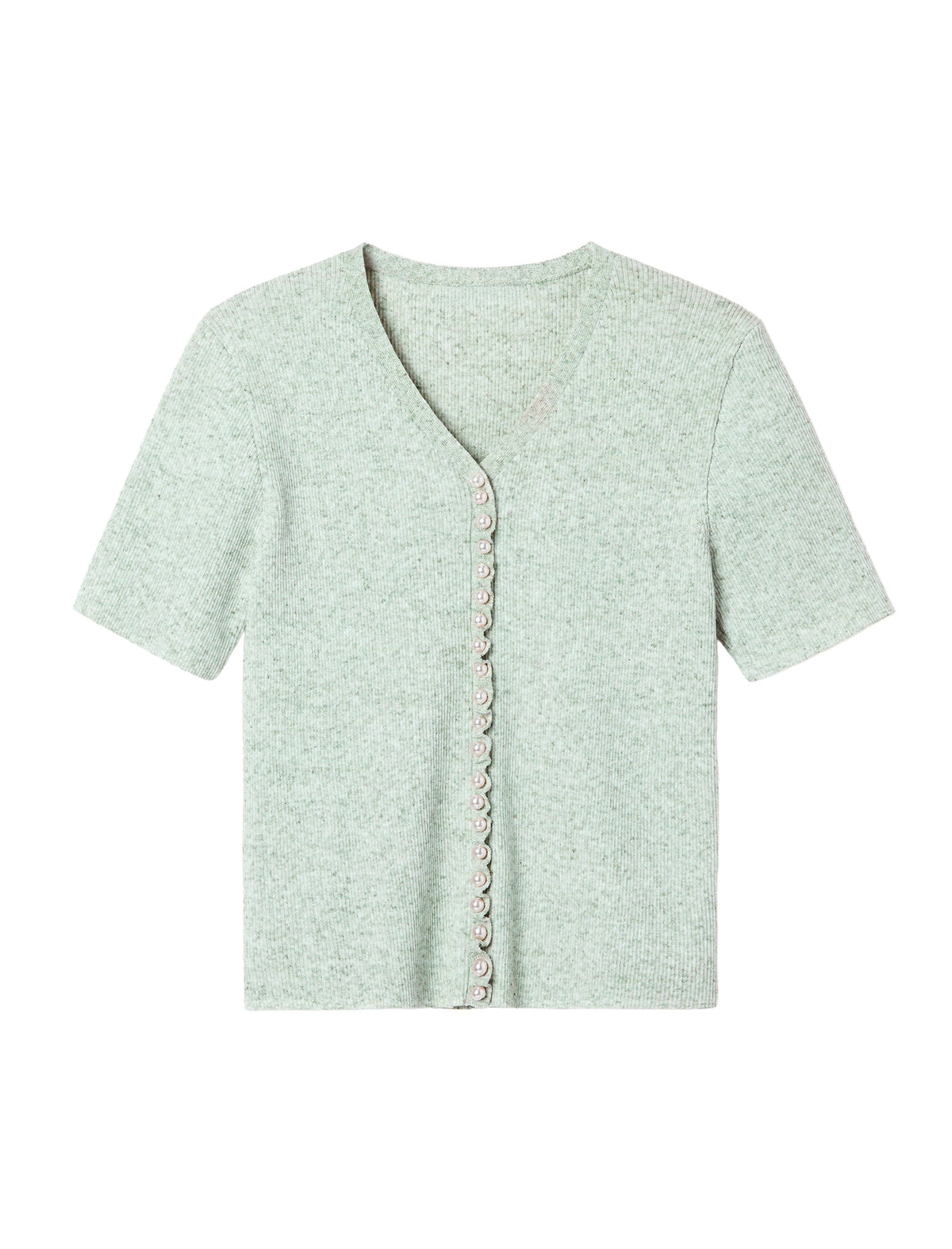 Pearl‑Button Ribbed Knit Short‑Sleeve Top