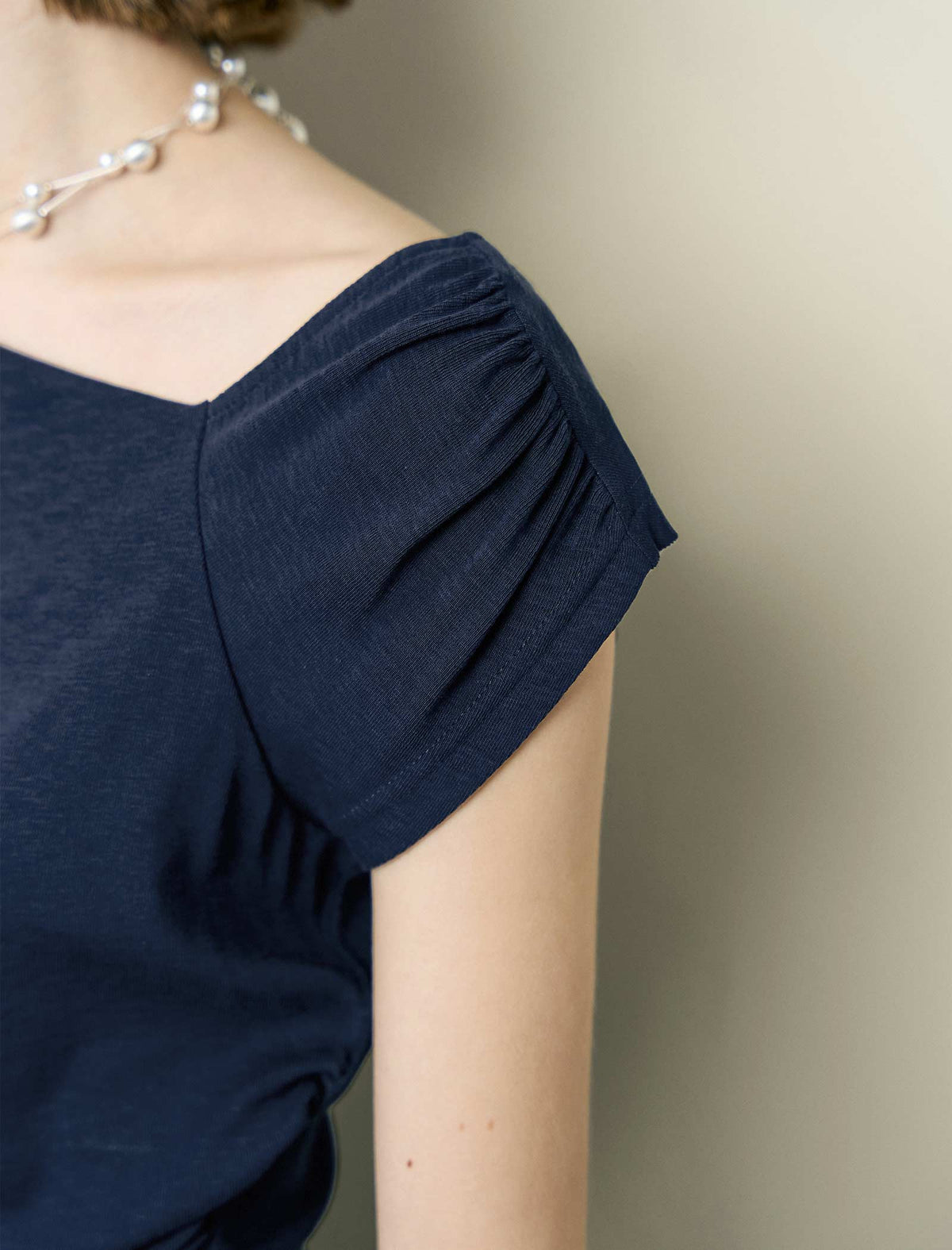 Navy Blue Asymmetric Neck Ruched Knit Top