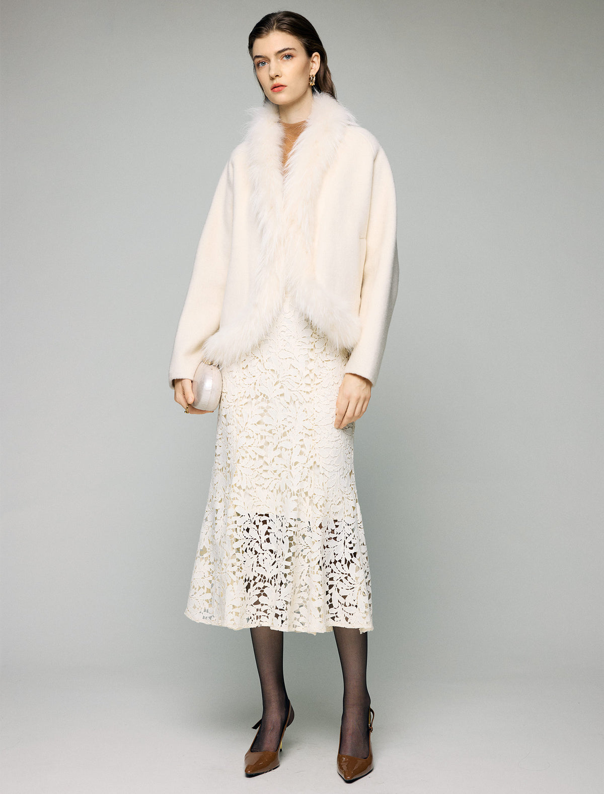 Wool Blend Plush-Collar Open-Front Cropped Jacket