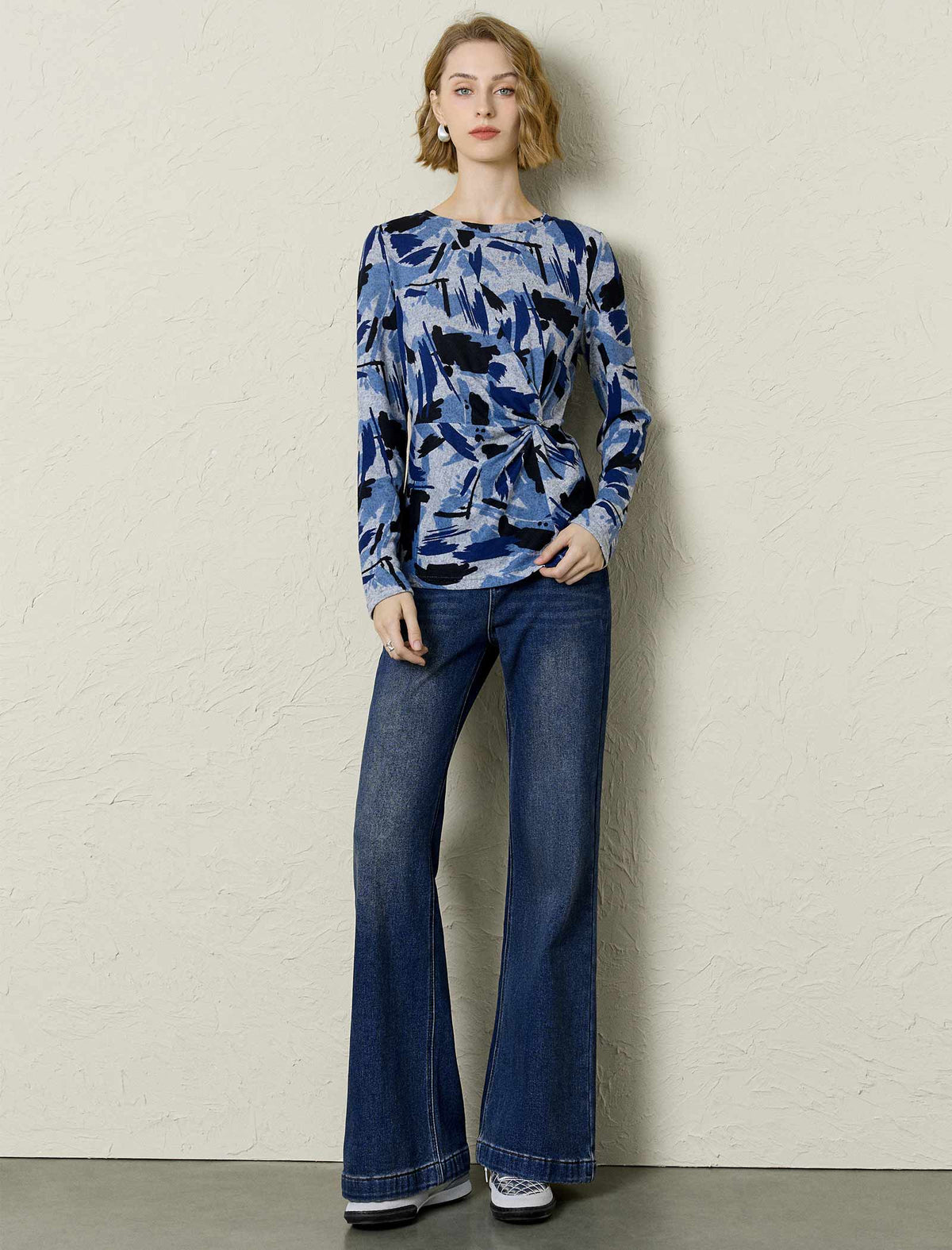 Blue Abstract Print Twist Front Long-Sleeve Top