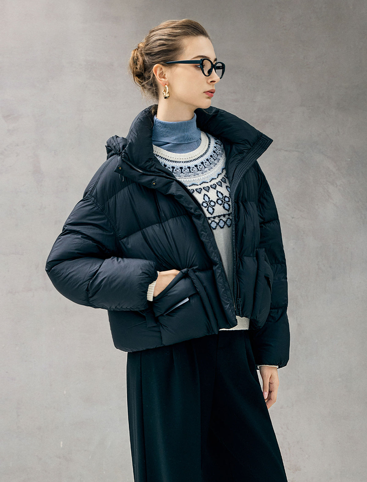 Hooded Drawstring Snap-Front Pocket Cropped Puffer Jacket