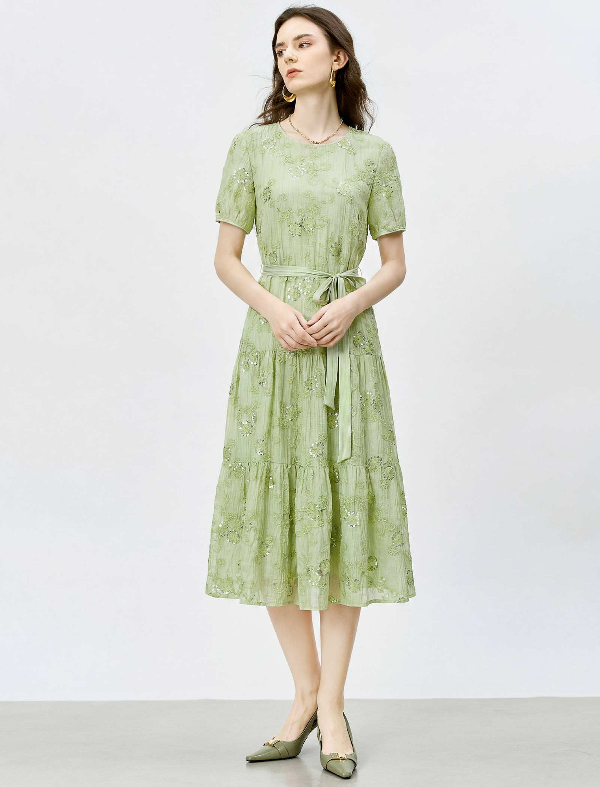 Mint Green Embroidered Tiered Midi Dress